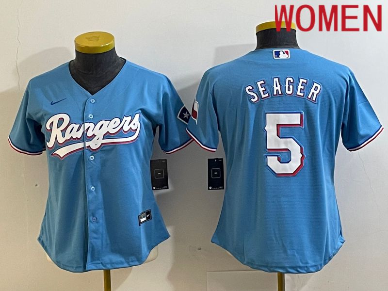 Women Texas Rangers #5 Seager Light Blue Game Nike 2023 MLB Jersey style 1->->Women Jersey